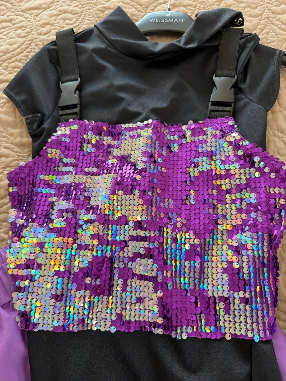 Weissman Purple Sequin Crop Top with Purple Cargo Pants